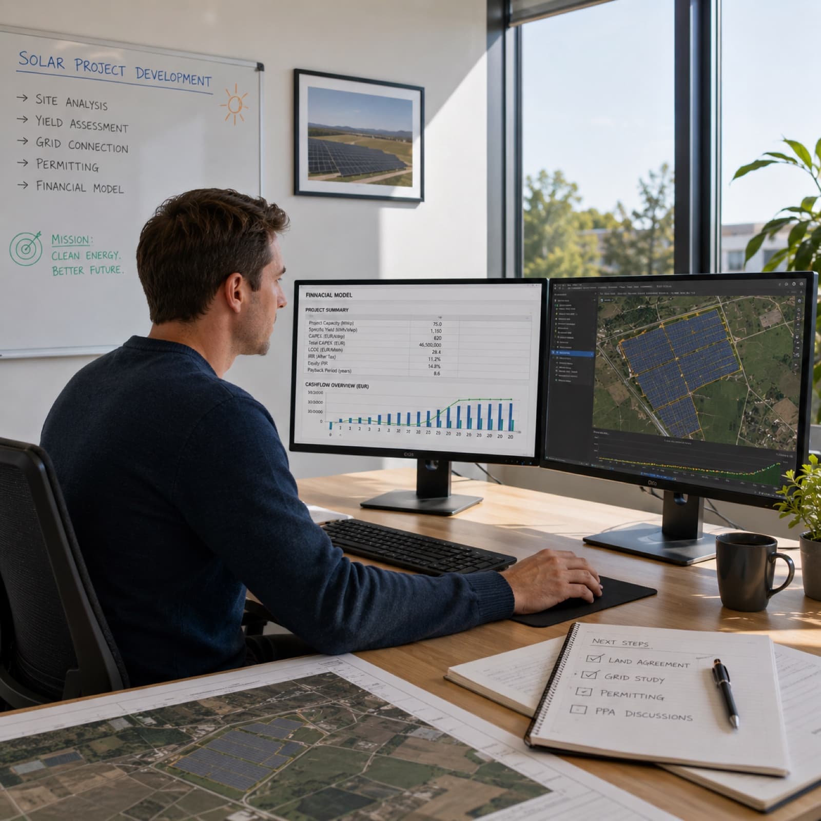 Utility-scale solar PV farm at sunrise