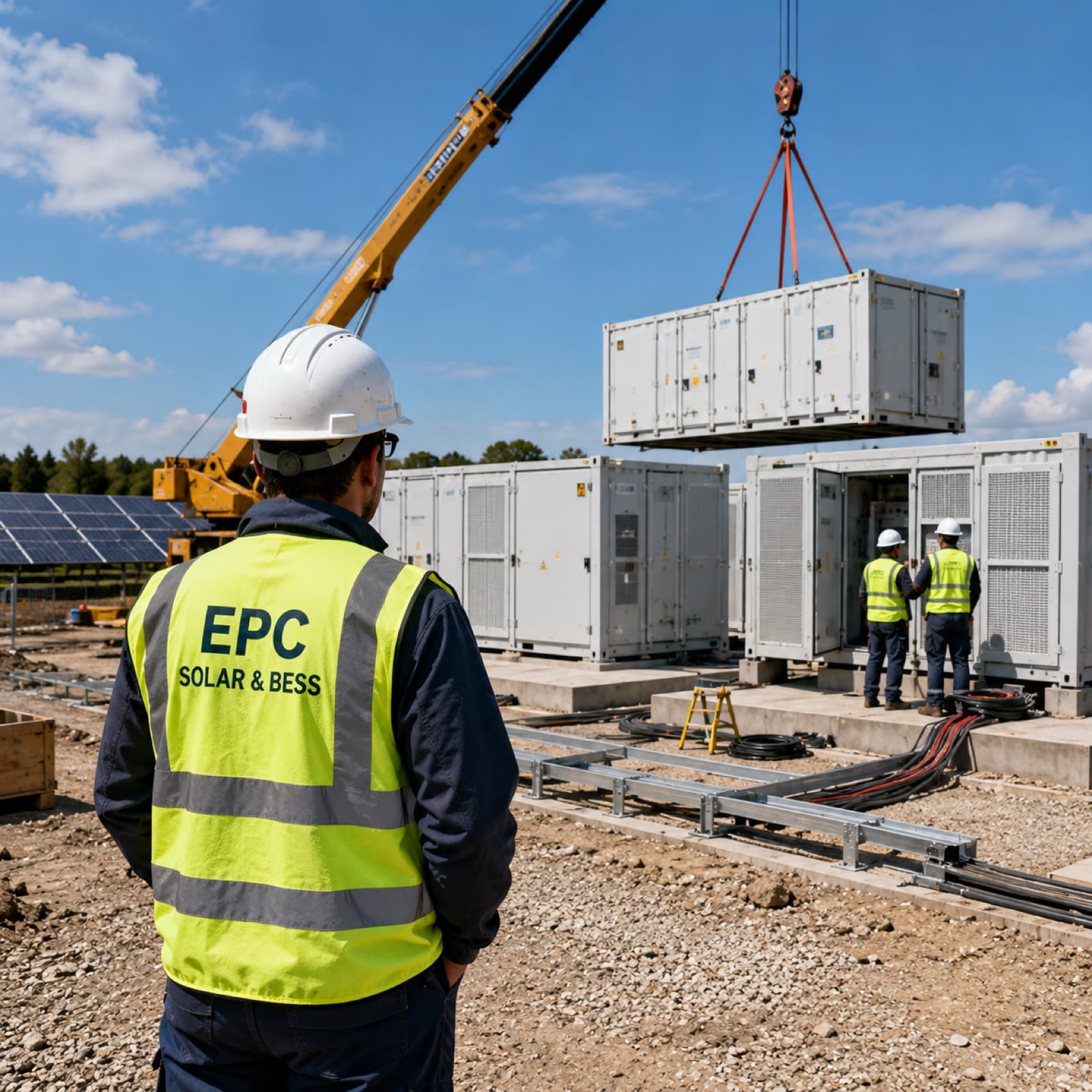 BESS containers on an active construction site